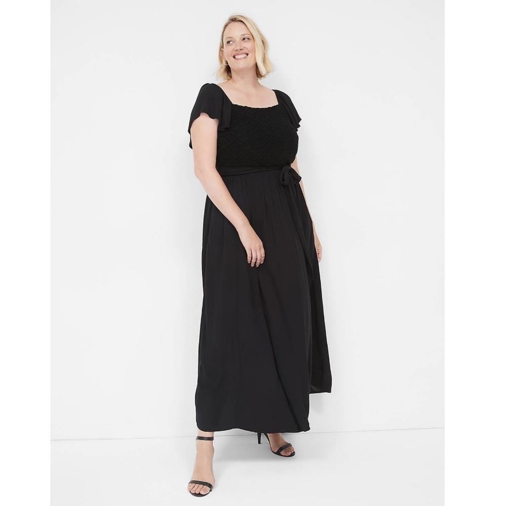 Lane Bryant Women's Flutter-Sleeve Crochet-Front Maxi Dress in Black Size 18 NWT